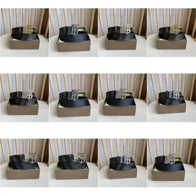 Twelve boxed leather belts photographed in three rows, each coiled inside its own open gift box with the buckle facing up