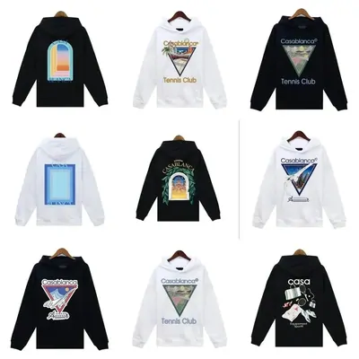 Nine Casablanca hoodies and sweatshirts in a three by three grid, in black, white and cream with tennis club prints