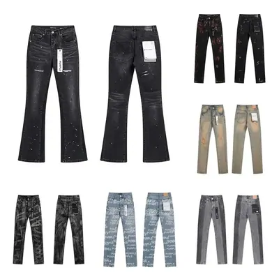 Nine pairs of flared and straight jeans in a three by three grid, in black, washed purple and pale indigo