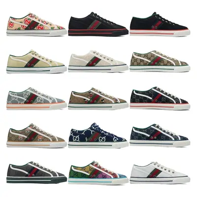 Fifteen canvas and leather low-top trainers in a five by three grid, in green, red, beige and monogram prints